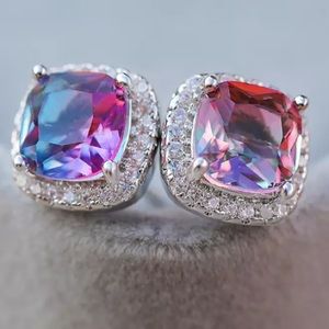 Blue Purple Rainbow Diamond Halo Stud Earrings